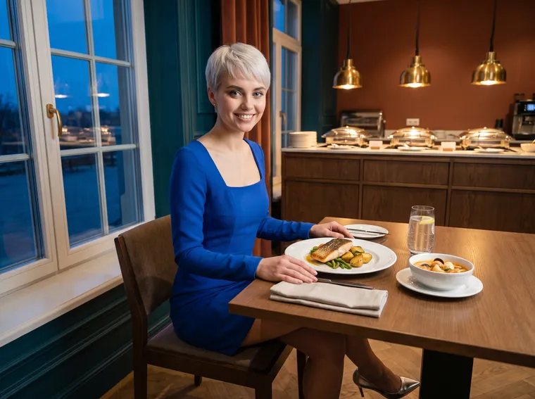 Generated image: the site character sits at a window table in a restaurant with a plate of seared fish, a bowl of seafood chowder and a glass of sparkling water; covered dishes on a serving counter behind her.
